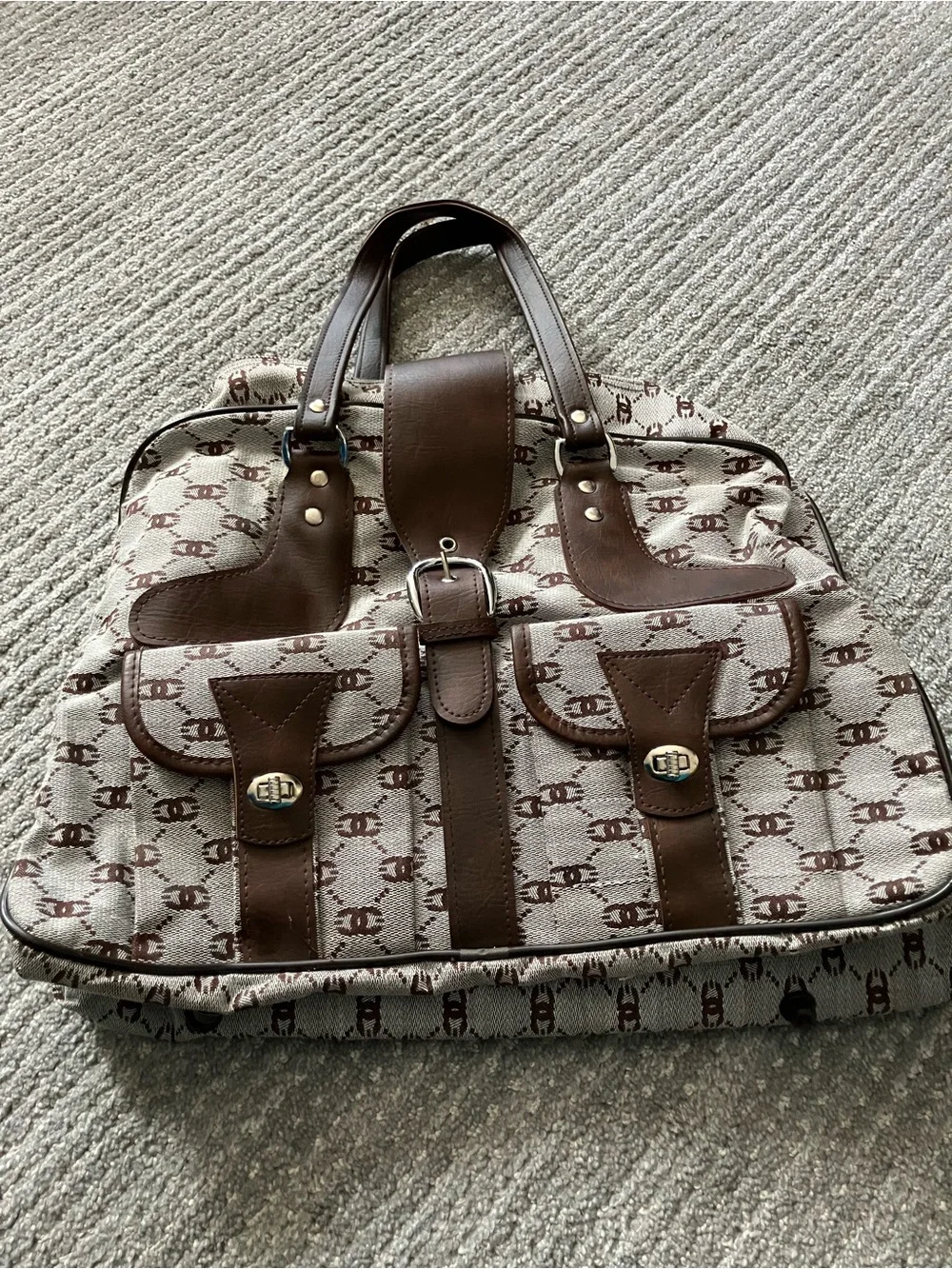 Brown Patterned Canvas Travel Tote Bag with Leather Trim